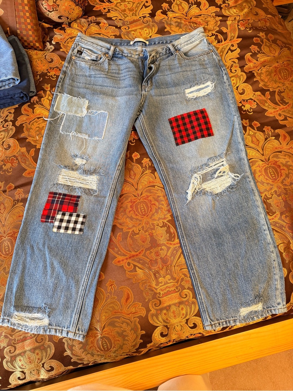 KanCan Light Blue Distressed Flare Jeans with Plaid Patches